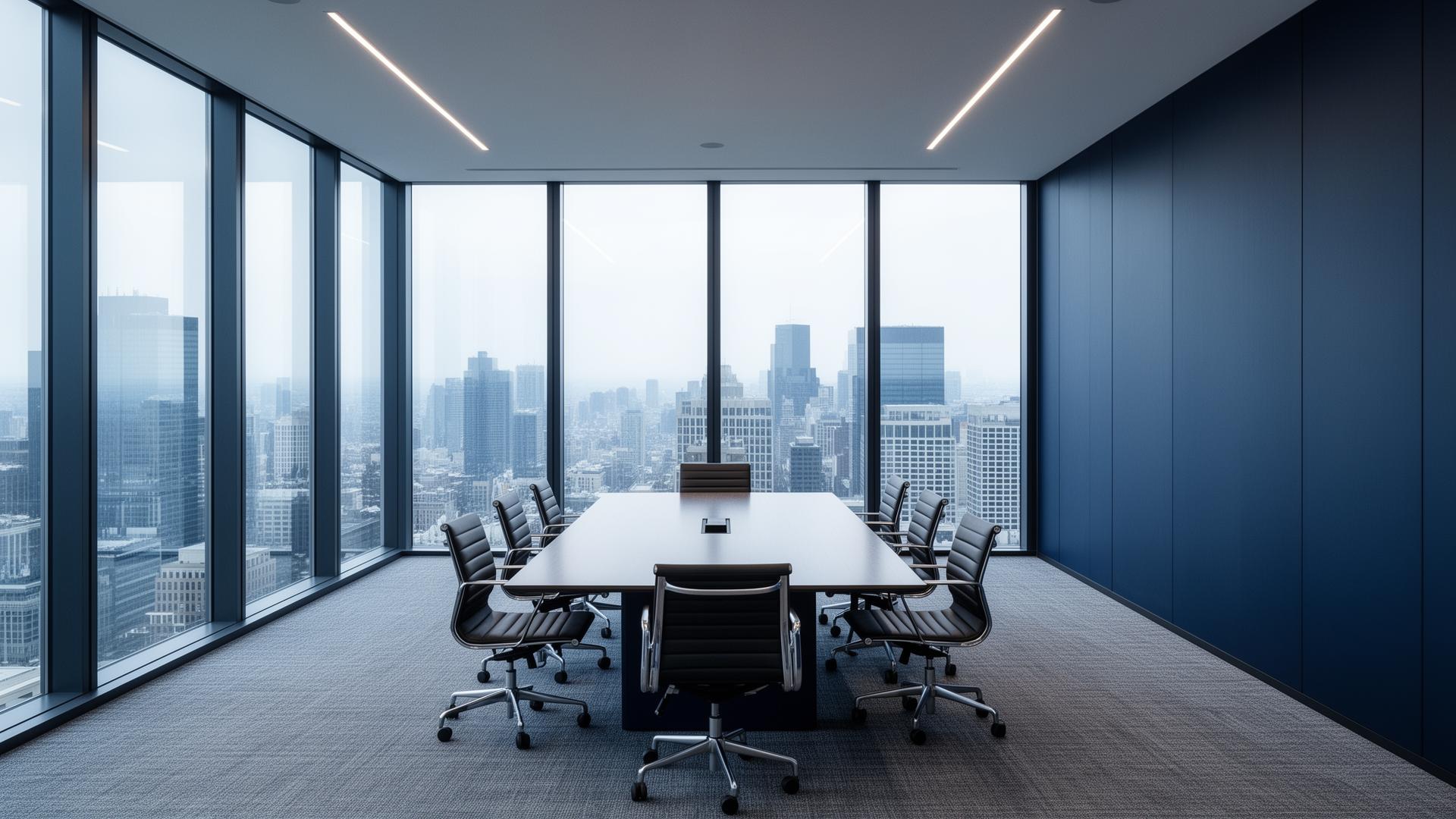 Sala de reunião corporativa com vista para prédios